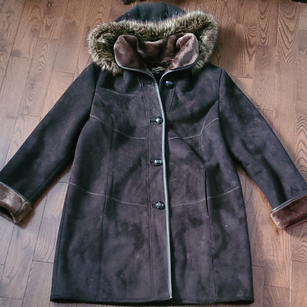 Women Novelti Black and Dark Brown Teddy Long Jacket with Faux Fur Hood Size XL